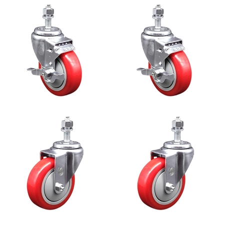 SERVICE CASTER 4 Inch SS Red Polyurethane Swivel ½ Inch Threaded Stem Caster Brakes SCC, 2PK SSTS20S414-PPUB-RED-TLB-121315-2-S-2